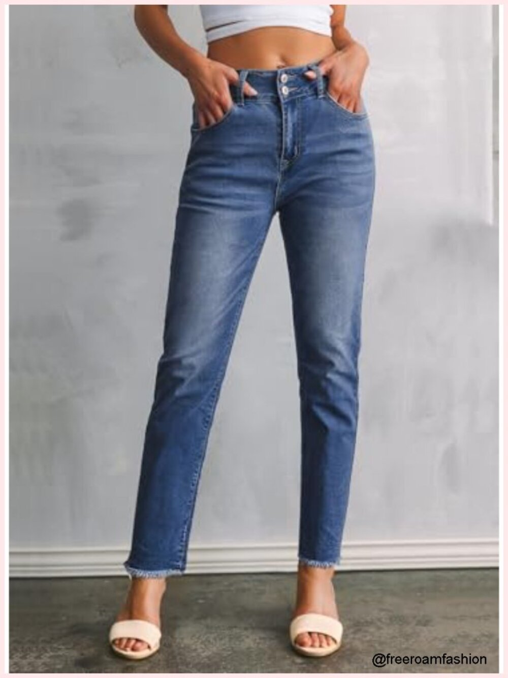 High Waisted Raw Hem Straight Leg Stretchy Denim Jeans with Pockets - Picture 2 of 6